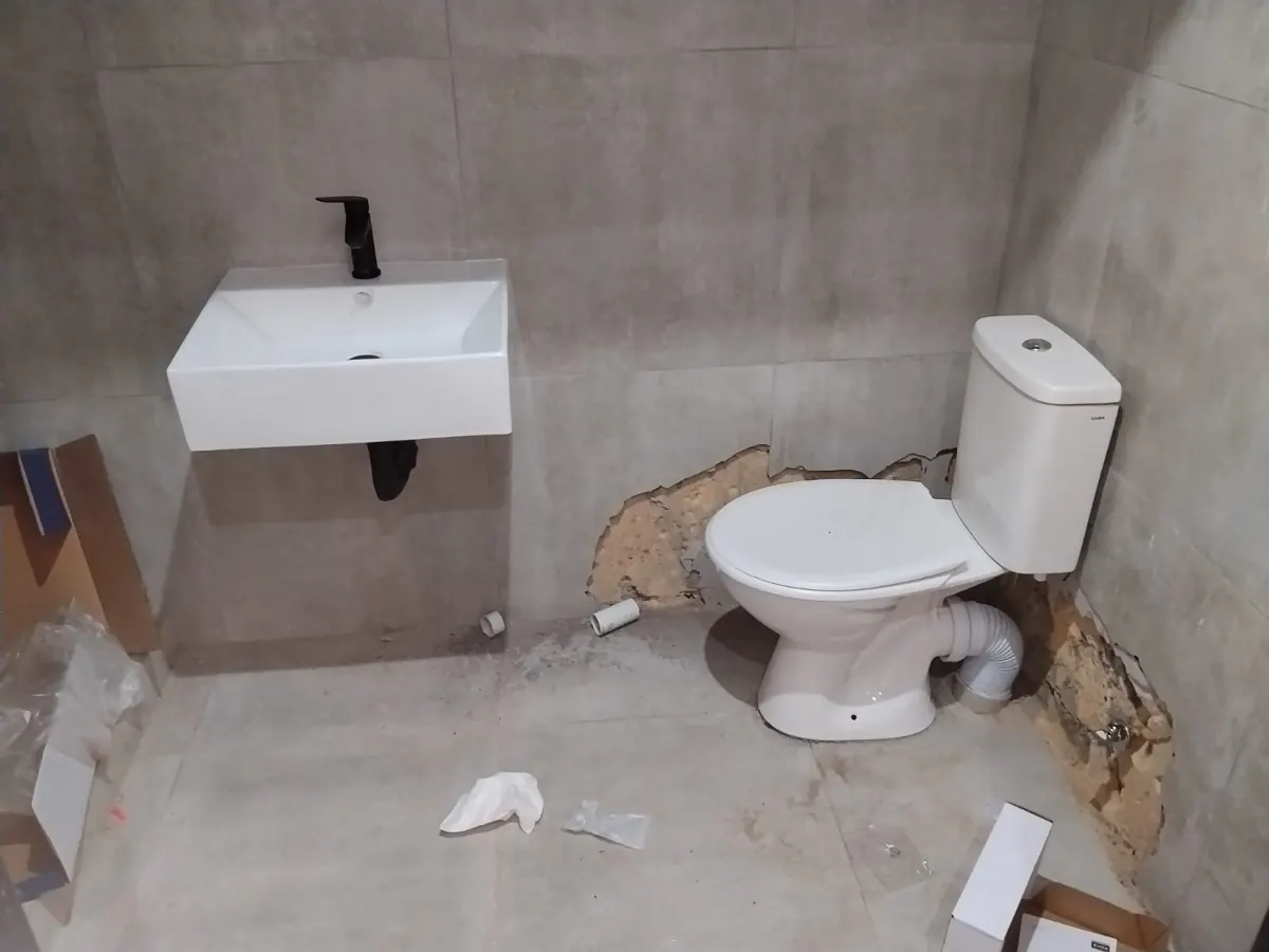 Wall-hung basin with black mixer tap and a close-coupled toilet installed in a bathroom